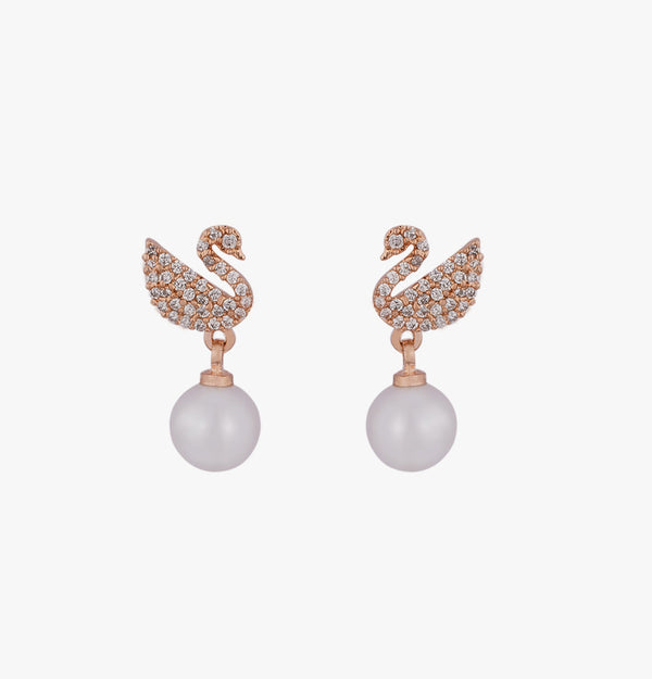 Laurel Cubic Zirconia 18K Gold Plated Swan and Pearl Contemporary Earring For Women