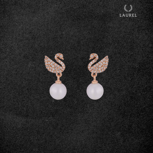 Laurel Cubic Zirconia 18K Gold Plated Swan and Pearl Contemporary Earring For Women