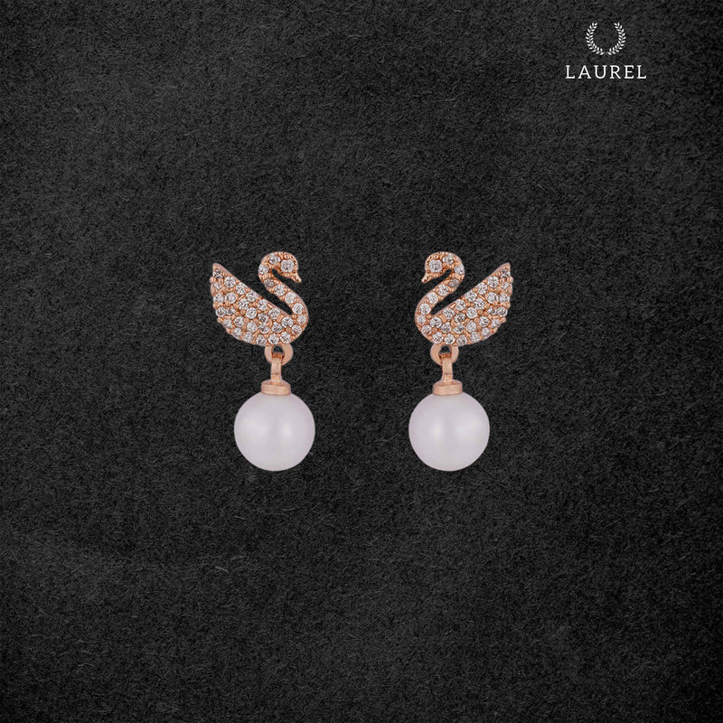 Laurel Cubic Zirconia 18K Gold Plated Swan and Pearl Contemporary Earring For Women