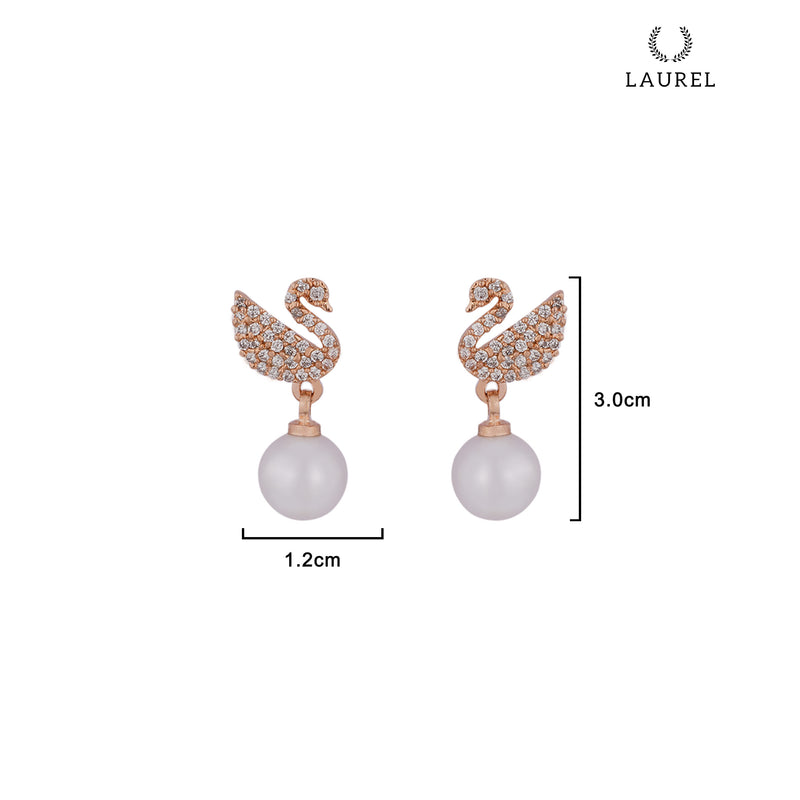 Laurel Cubic Zirconia 18K Gold Plated Swan and Pearl Contemporary Earring For Women