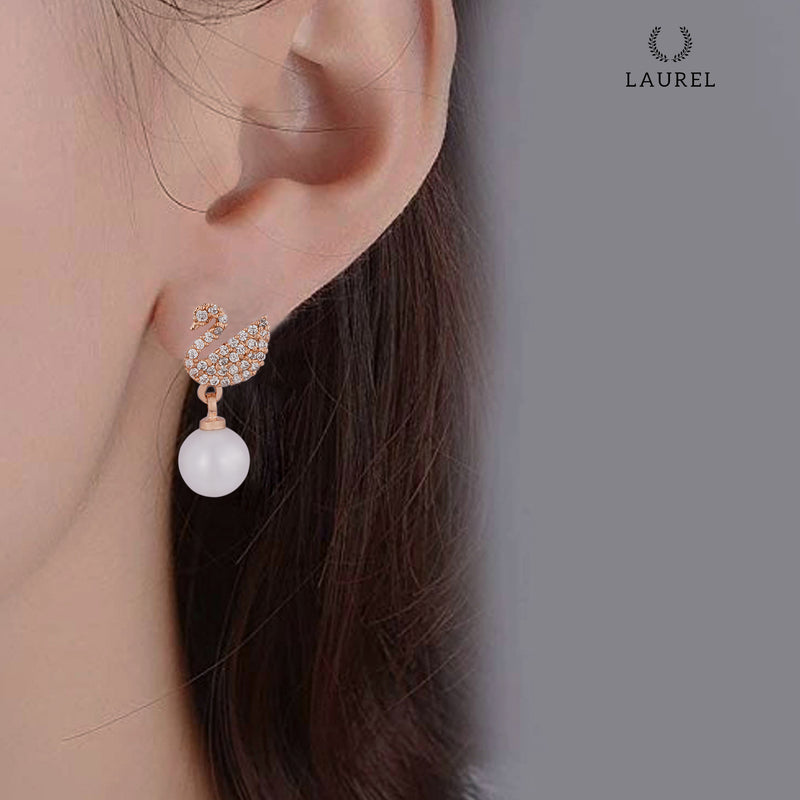 Laurel Cubic Zirconia 18K Gold Plated Swan and Pearl Contemporary Earring For Women