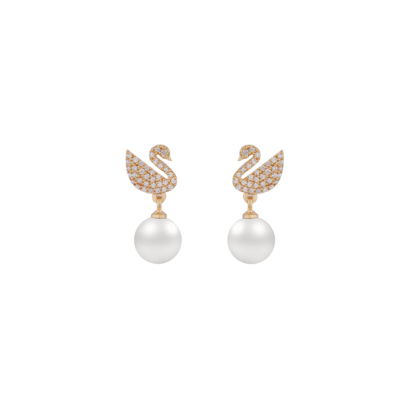 Laurel Cubic Zirconia 18K Gold Plated Swan and Pearl Contemporary Earring For Women