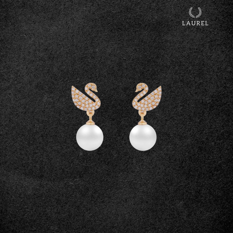 Laurel Cubic Zirconia 18K Gold Plated Swan and Pearl Contemporary Earring For Women