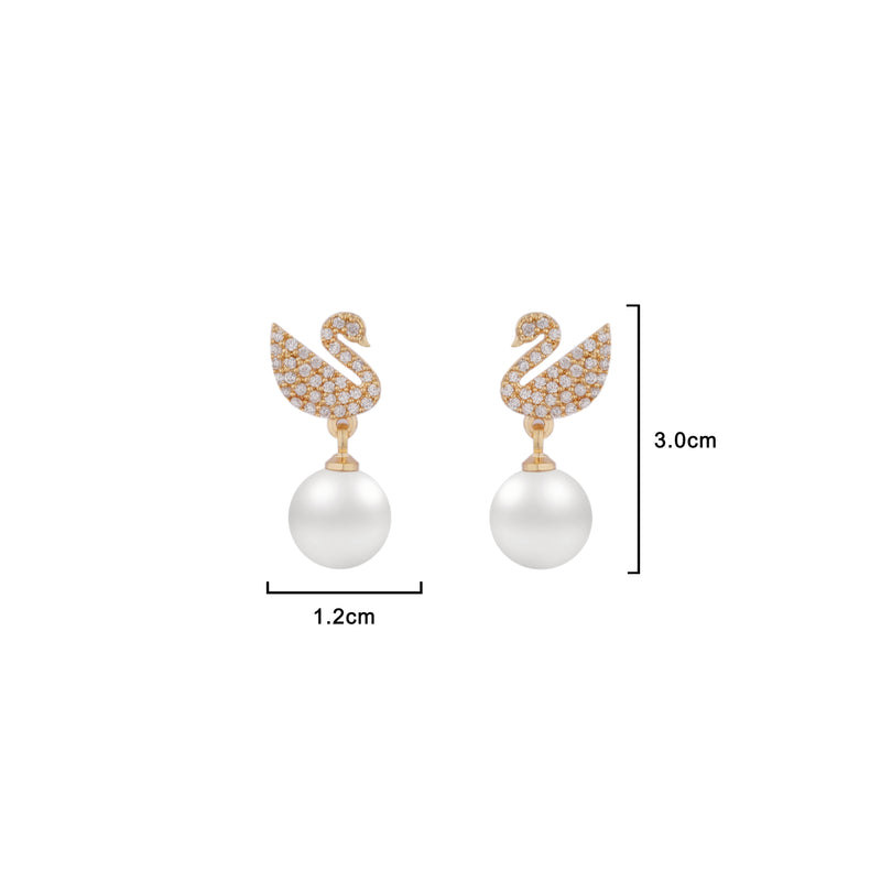 Laurel Cubic Zirconia 18K Gold Plated Delicate Flower, Peacock Feather, Swan with Pearl Shaped Contemporary Earring For Women(Pack Of 3 Pairs) (Yellow Gold)