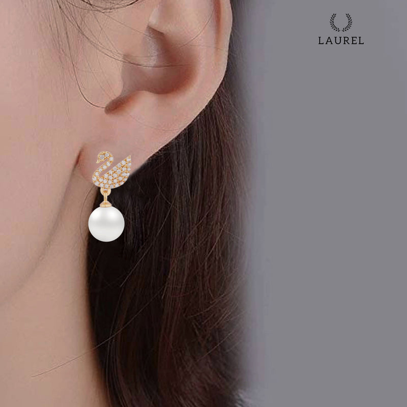 Laurel Cubic Zirconia 18K Gold Plated Swan and Pearl Contemporary Earring For Women